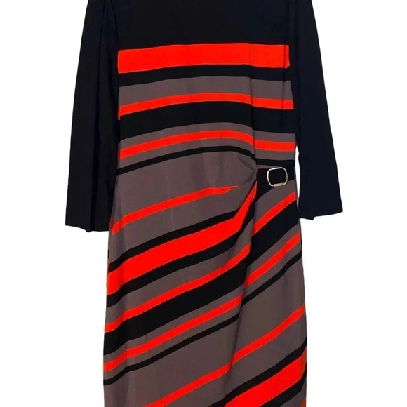 TAHARI ARTHUR S. L DRESS BLACK ORANGE BROWN STRIPED SIZE 12 SIDE BUCKLE ACCENT - Picture 2 of 7